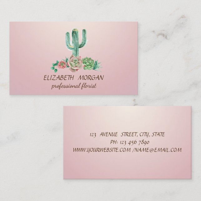 Professional Chic Watercolor Cactus Business Card (Front/Back)