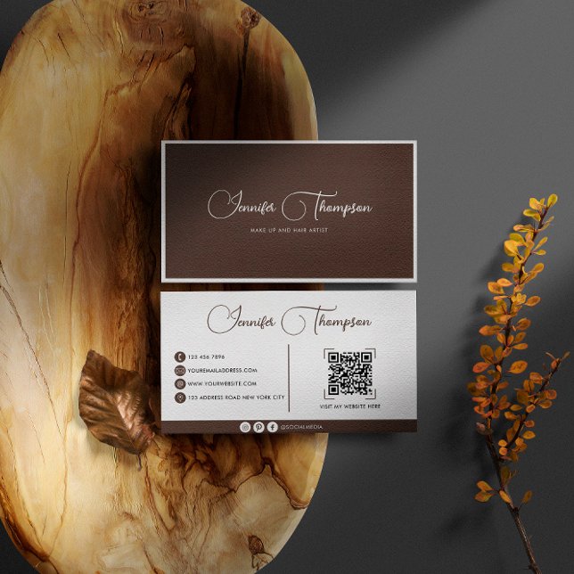 Professional Chocolate Brown Script QR Code Business Card (Creator Uploaded)