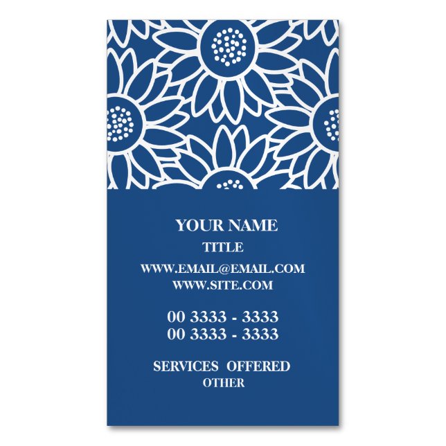 Professional Classic Blue Sunflower Pattern Magnetic Business Card (Front Vertical)