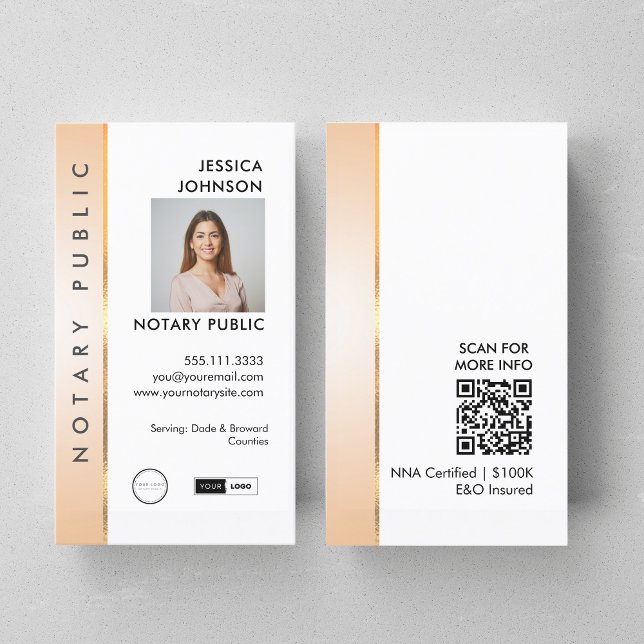Professional Classy Peach & Gold Photo Notary QR   Business Card (Creator Uploaded)