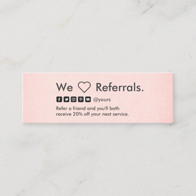 Professional Clean Minimalist Blush Linen Referral Mini Business Card (Front)
