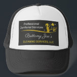 Professional Cleaning/Janitorial Housekeeping Serv Trucker Hat<br><div class="desc">Boost publicity with these double sided professional trucker hats (template) for house cleaning,  housekeeping or janitor (janitorial) small business.  These hats are designed with white and gold text and a gold (faux) glitter color. Customize the hats by adding or removing elements to suit your company's brand.</div>
