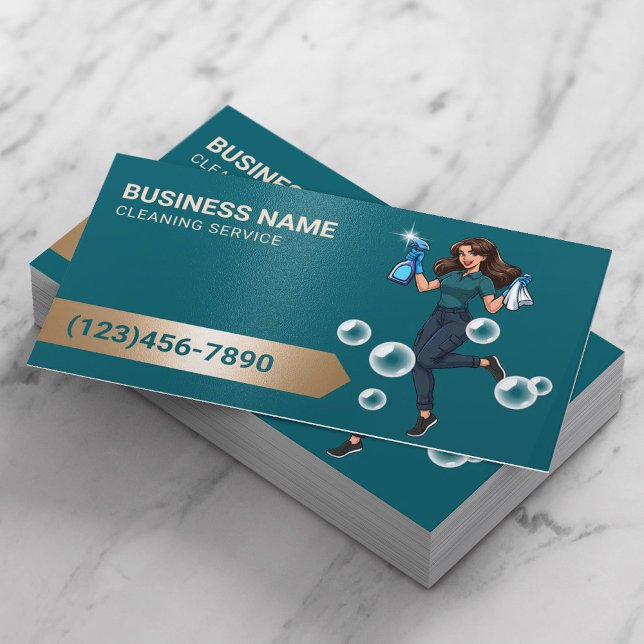 Professional Cleaning Service Modern Teal & Gold Business Card (Creator Uploaded)