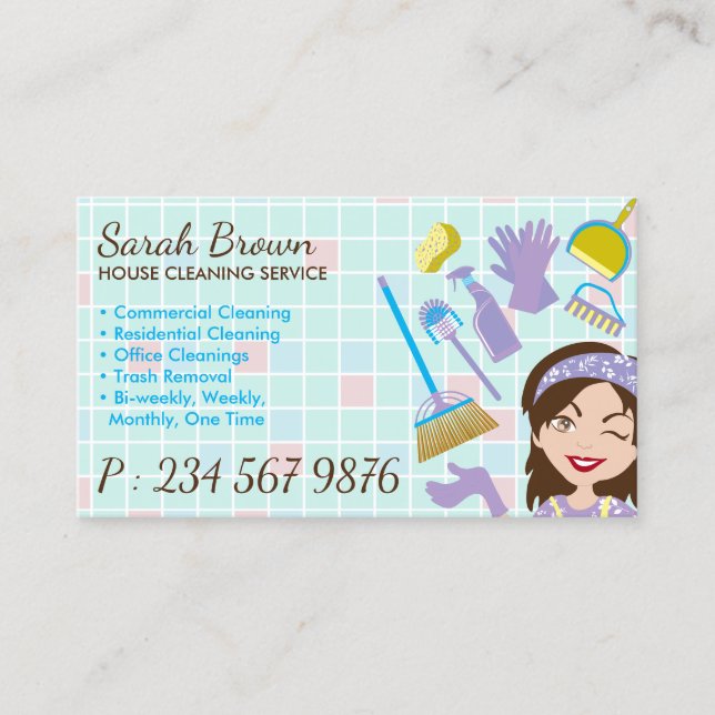 Professional Cleaning Services Janitorial Lady Business Card (Front)