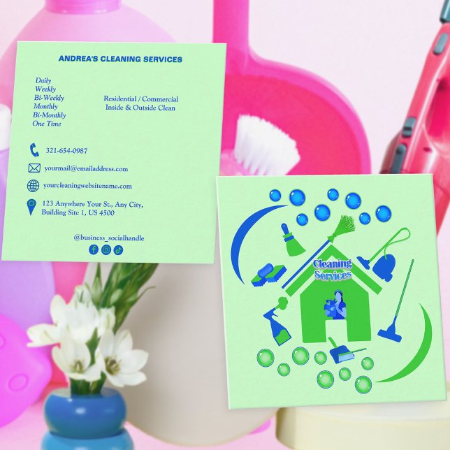 Professional Cleaning Services Logo Green & Blue Square Business Card (Creator Uploaded)