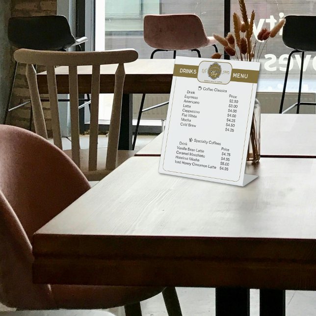 Professional Coffee Shop Personalised Drinks List Pedestal Sign (Pedestal style coffee shop drinks list on a coffee shop table)
