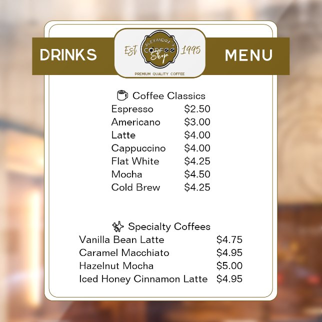 Professional Coffee Shop Personalised Drinks List Window Cling (Sheet 2)
