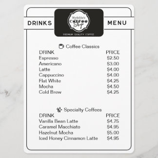 Professional Coffee Shop Personalised Drinks Menu