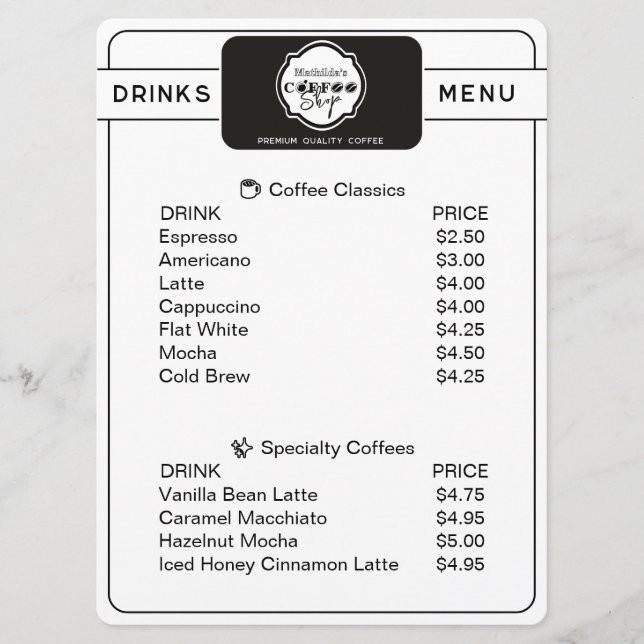 Professional Coffee Shop Personalised Drinks Menu (Front)