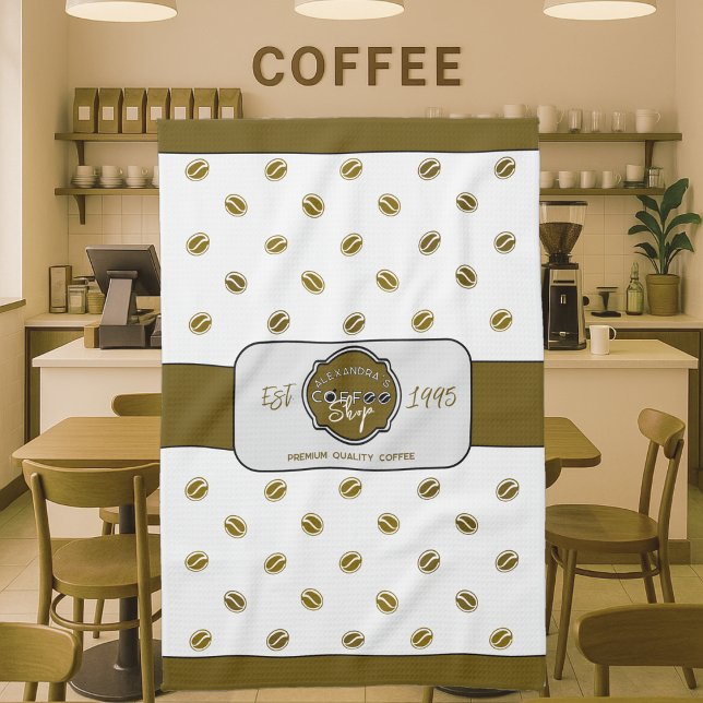 Professional Coffee Shop Personalised Logo Tea Towel (Coffee shop waiter towel with logo in a coffee shop decor)
