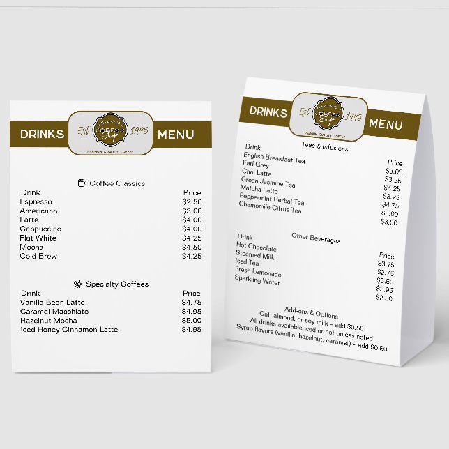 Professional Coffee Shop Personalized Drinks Menu (Front/Back)