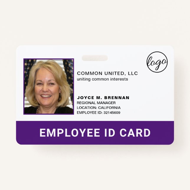 Professional Company Logo Employee Purple Photo ID ID Badge (Front)