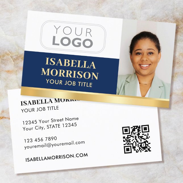 Professional Company Logo QR Navy Gold Business Card (Creator Uploaded)