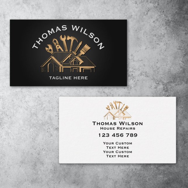 Professional Construction Handyman Carpenter Tools Business Card (gold handyman tools and house roof)