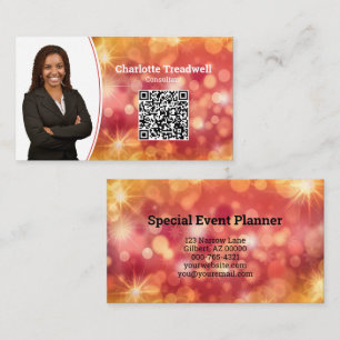 Professional Coral Bokeh Sparkle Custom Photo QR Business Card
