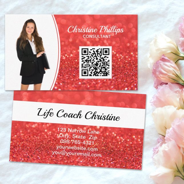 Professional Coral Faux Glitter Custom Photo QR Business Card (The faux orange glitter business card is ready for your QR code link and photo to highlight you. )
