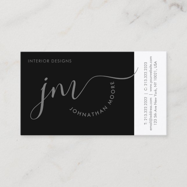 Professional Curvature Grey Script Monogram Business Card (Front)