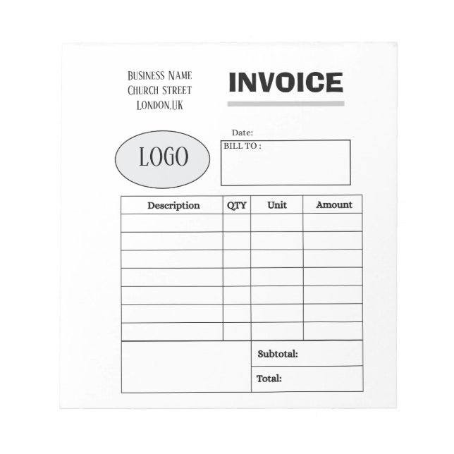 Professional custom business invoice notepad (Front)