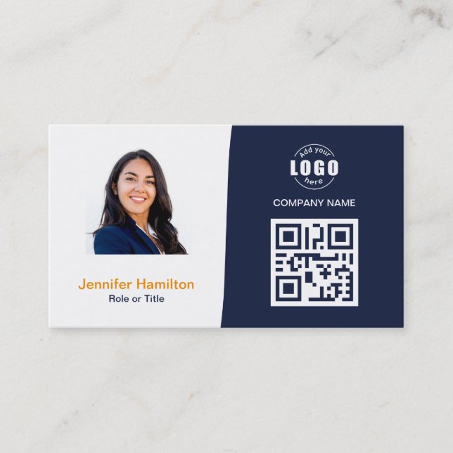 Professional Custom QRCode Photo Dark Blue Orange Business Card (Front)