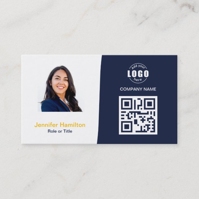 Professional Custom QRCode Photo Dark Blue Yellow Business Card (Front)
