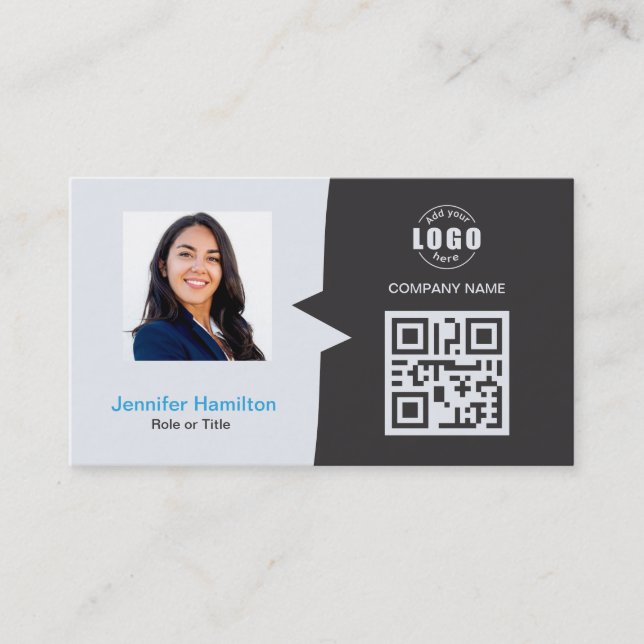 Professional Custom QRCode Photo Grey Blue Business Card (Front)