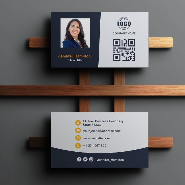 Professional Custom QRCode Photo Navy Blue Orange Business Card (Creator Uploaded)