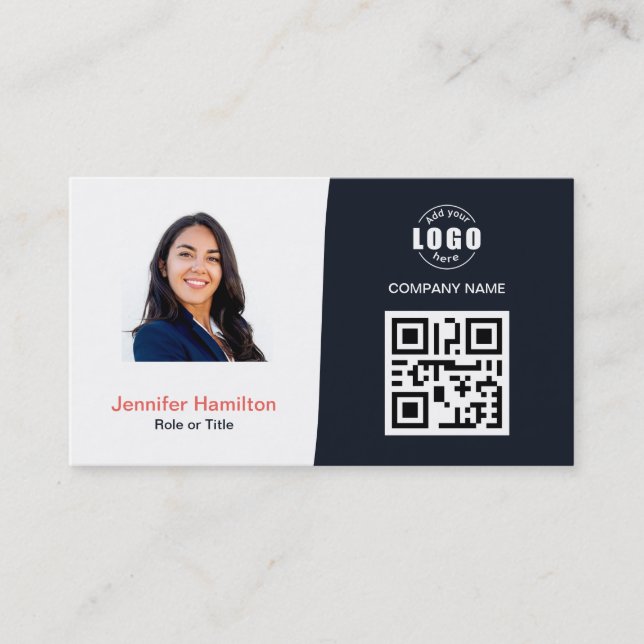 Professional Custom QRCode Photo Navy Blue Red Business Card (Front)