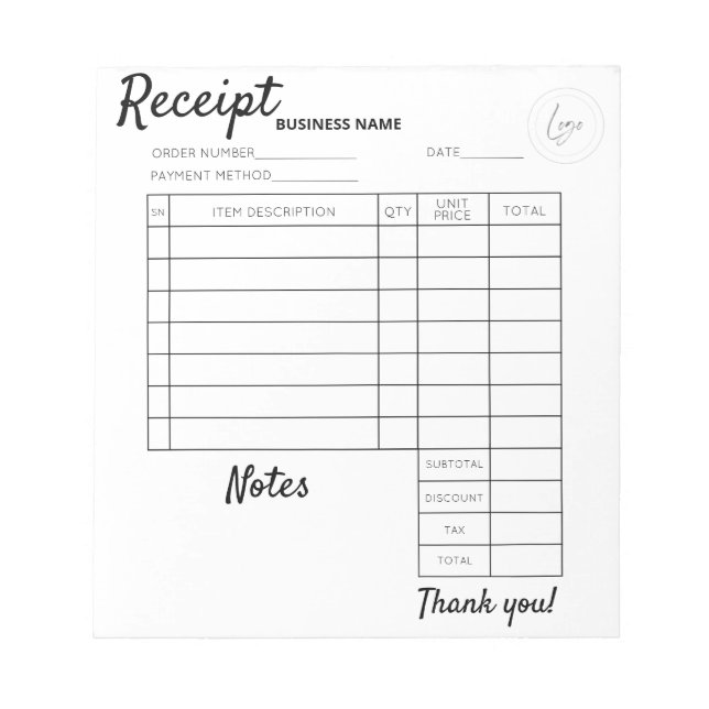 Professional Custom receipts for business  Notepad (Front)
