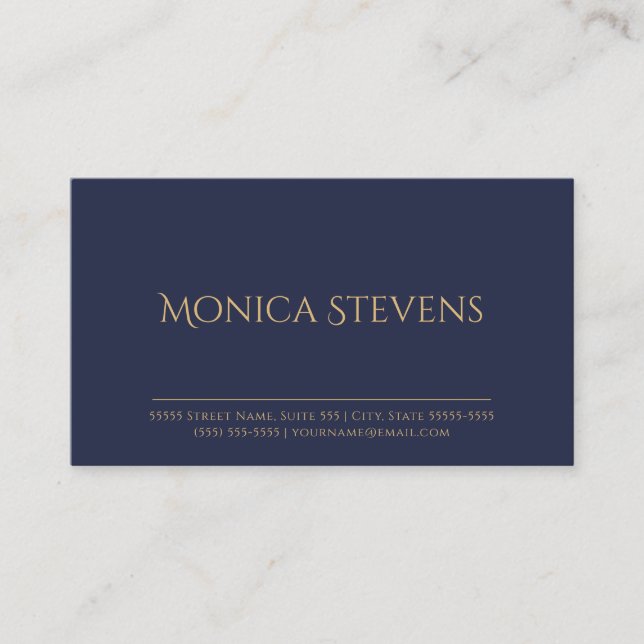 Professional Dark Blue Plain and Simple Gold Text Business Card (Front)