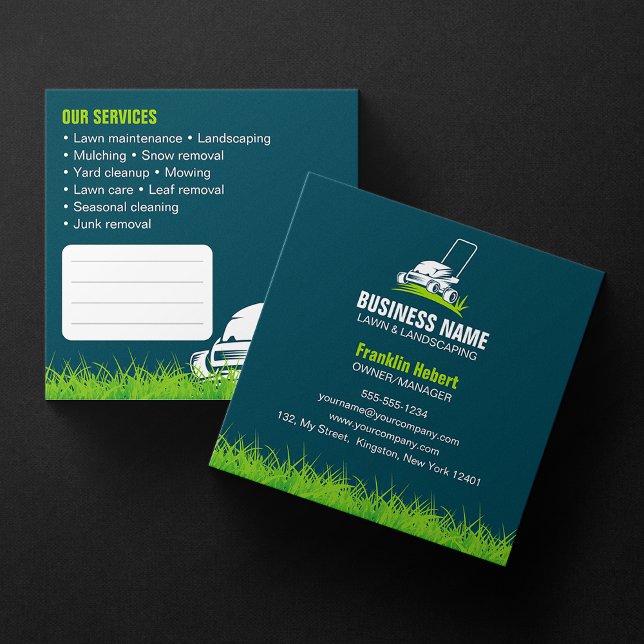 Professional Dark Teal Green Lawn Care Landscaping Square Business Card (Creator Uploaded)