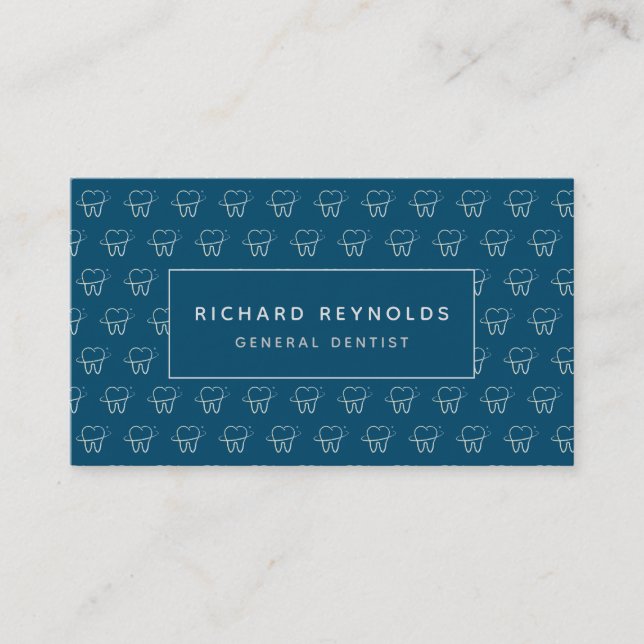 Professional Dental Clinic Tooth Pattern on  Blue Business Card (Front)
