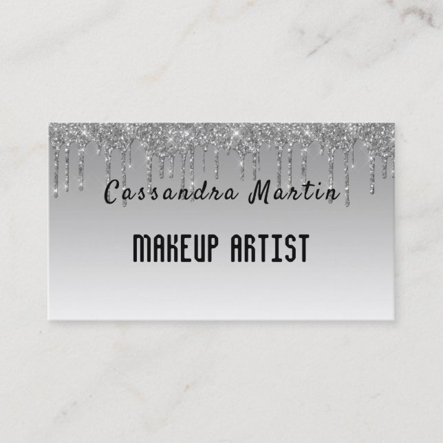 Professional Dripping Silver Glitter Makeup Artist Business Card (Front)