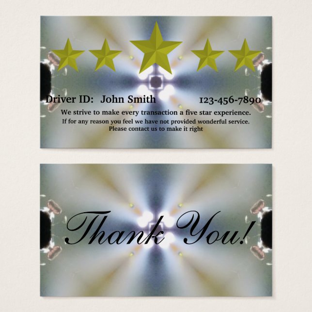Professional Driver five star rating feedback card (Front & Back)