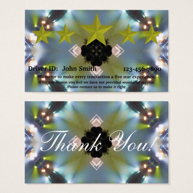 Professional Driver five star rating feedback card (Front & Back)
