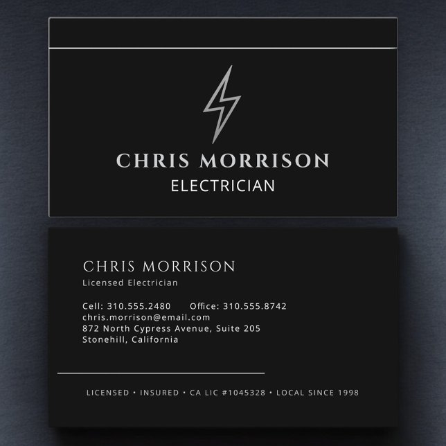 Professional Electrician Black Silver Contractor Business Card (Creator Uploaded)