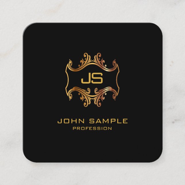 Professional Elegant Black and Gold Modern Rounded Square Business Card (Front)