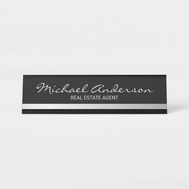 Professional Elegant Black and Silver Desk Name Plate (Front)