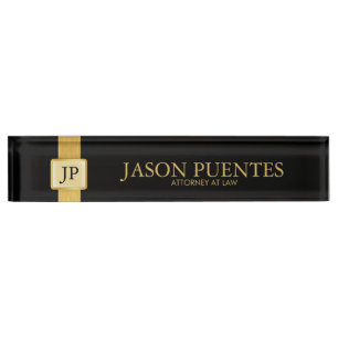 Professional Elegant Black & Gold with Monogram Nameplate