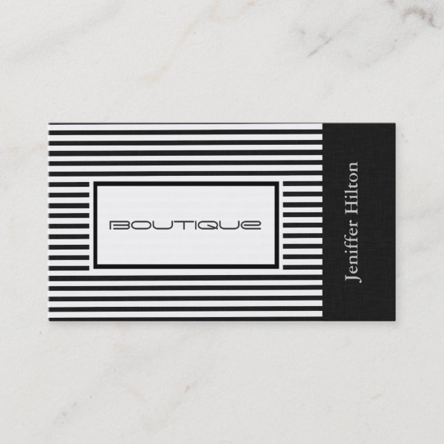 Professional elegant black white stripes linen business card (Front)
