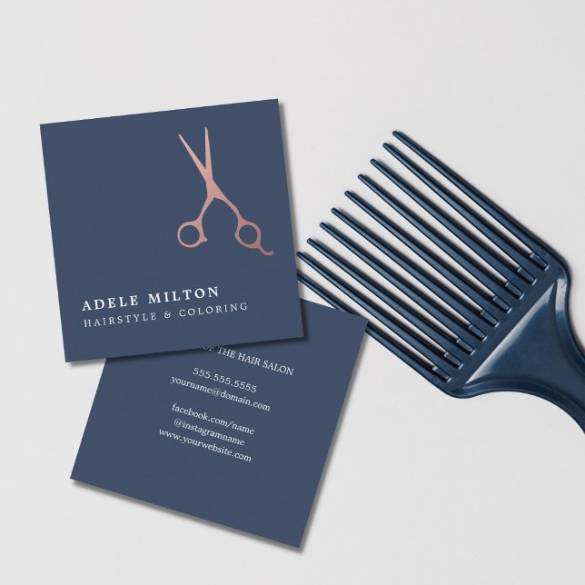 Professional Elegant Blue Rose Gold Hair Stylist Square Business Card (Creator Uploaded)