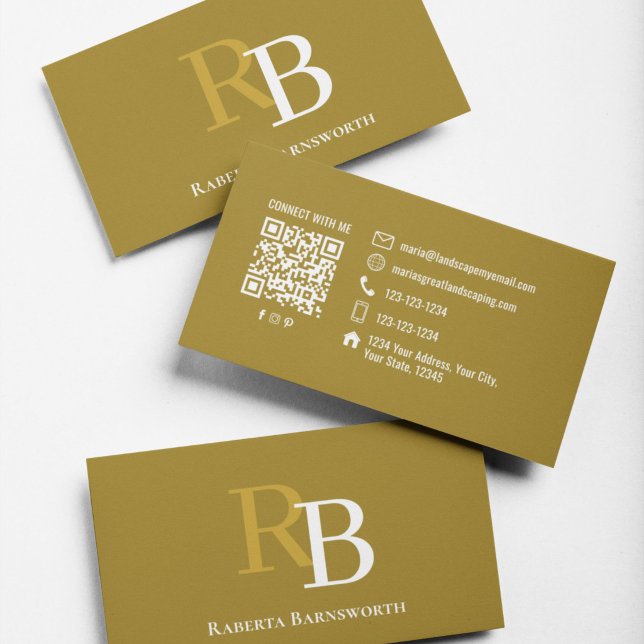 Professional Elegant Brown Monogram QR Code Business Card (Elegant brown monogram business card stack showcasing a refined design for professional networking.)