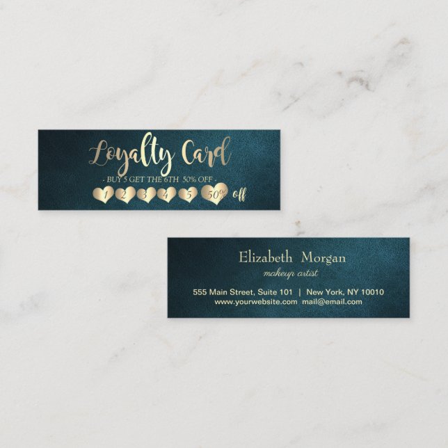 Professional Elegant Gold Hearts Green Leather Loyalty Card (Front/Back)