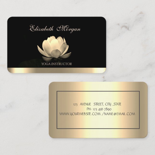 Professional Elegant Gold Lotus,Yoga Black Business Card (Front/Back)
