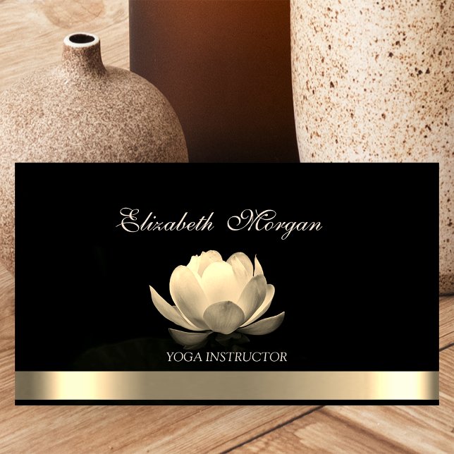 Professional Elegant Gold Lotus,Yoga Black Business Card (Creator Uploaded)