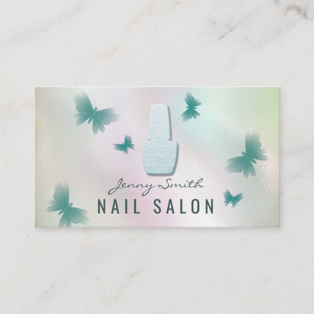 Professional elegant holographic butterfly nails business card (Front)