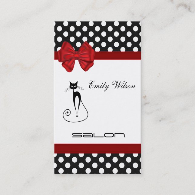 Professional elegant luxury black cat polka dots business card (Front)