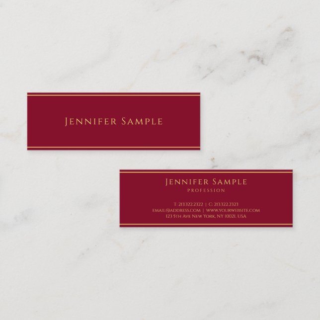 Professional Elegant Modern Gold Text Burgundy Red Mini Business Card (Front/Back)