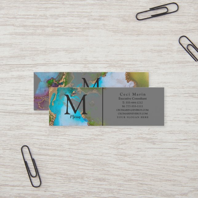 Professional Elegant Monogram Grey Custom Mini Business Card (Front/Back In Situ)