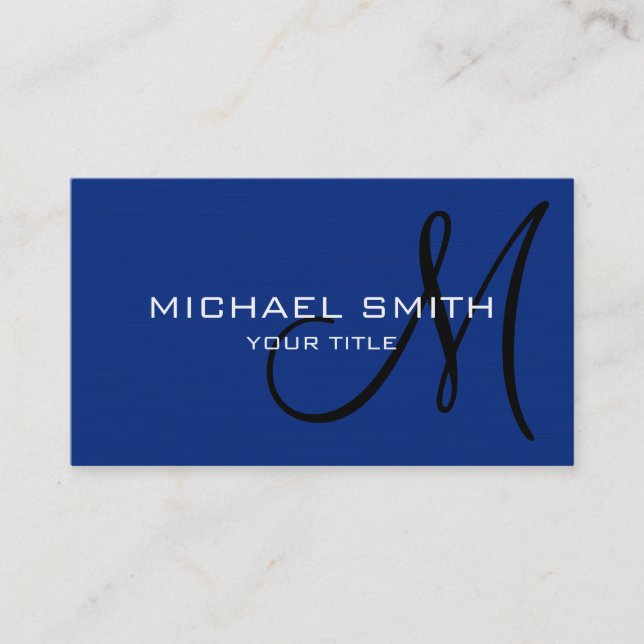 Professional Elegant Monogram Plain Dark Blue Business Card (Front)