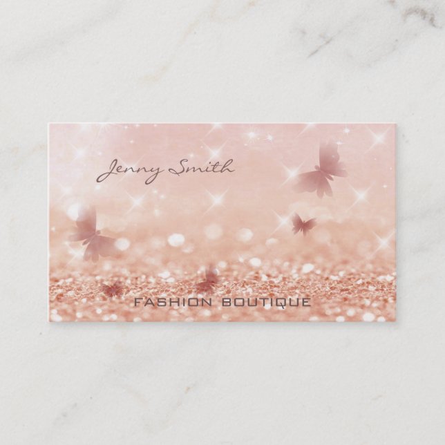 Professional elegant rose gold bokeh butterfly business card (Front)